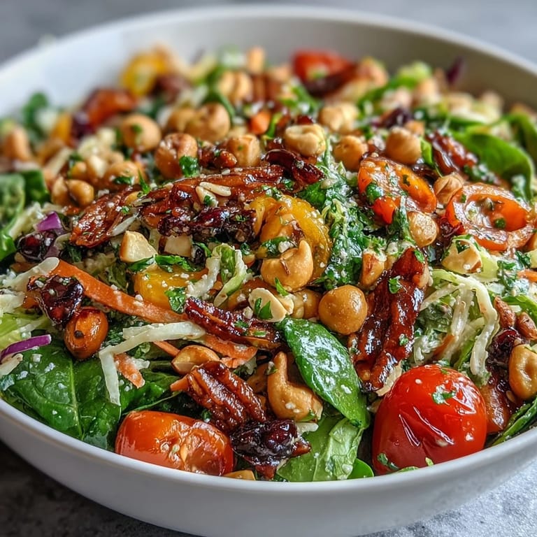 Close-up of a fresh Rainbow Salad Bowl with creamy avocado slices, crunchy cashews, and pumpkin seeds, tossed in a zesty lemon-herb dressing.