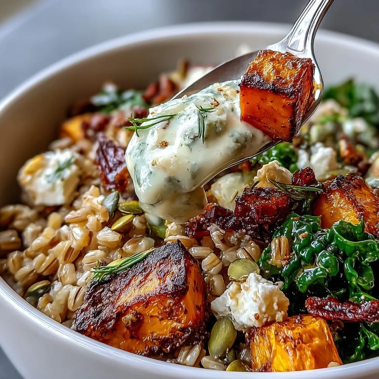 A freshly prepared Hearty Winter Grain Bowl garnished with pumpkin seeds and feta cheese, drizzled with creamy tahini dressing.