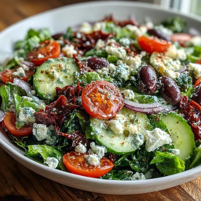 A vibrant Mediterranean Green Salad Bowl topped with creamy feta, Kalamata olives, and sliced cucumbers served alongside warm pita bread. 