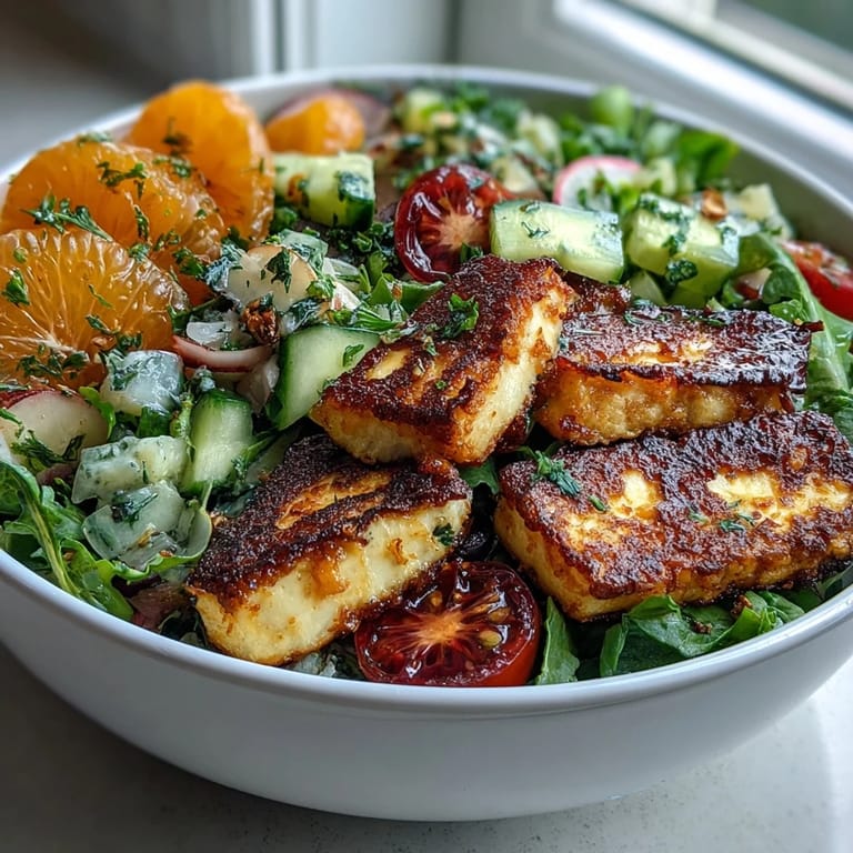 Close-up of Halloumi Blood Orange Fattoush showcasing charred cheese, mint, and zesty sumac dressing.