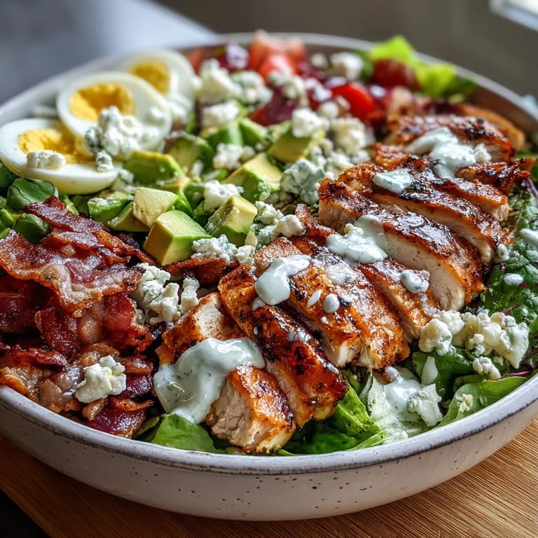 This loaded Cobb Salad Bowl is topped with hard-boiled egg quarters and ripe tomatoes, ready for ranch dressing.