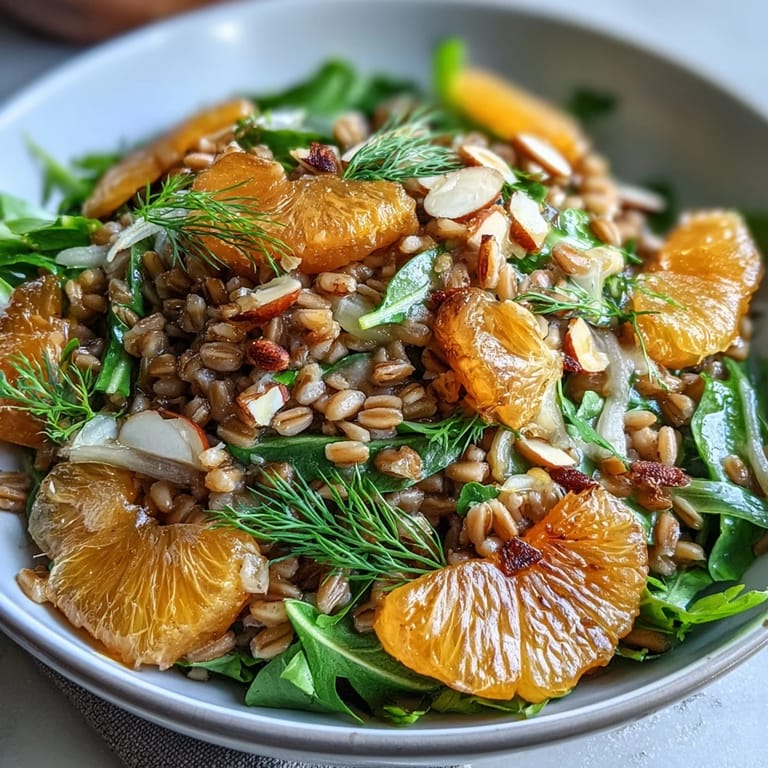 Colorful farro salad bowl featuring fresh fennel, sweet oranges, and toasted almonds for a refreshing Mediterranean meal.