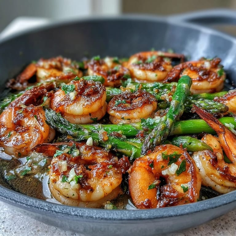 Succulent shrimp and vibrant asparagus mingle in a zesty lemon-garlic sauce, creating a colorful, healthy meal perfect for busy weeknights.