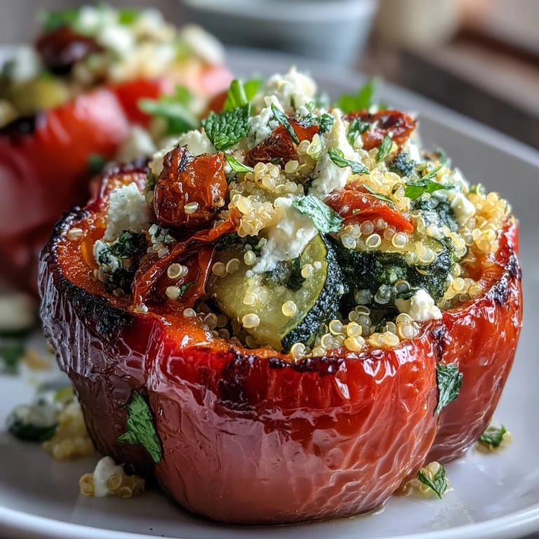 Vibrant bell peppers filled with quinoa, herbs, and veggies, baked to perfection for a satisfying vegetarian main dish.