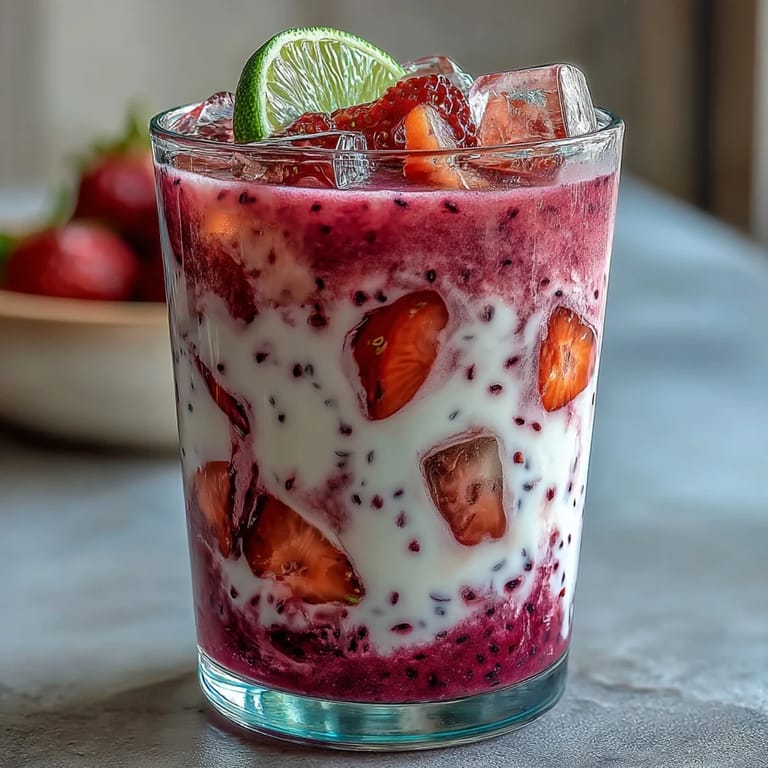 Creamy coconut milk blended with dragon fruit and strawberries, a refreshing and colorful vegan beverage.