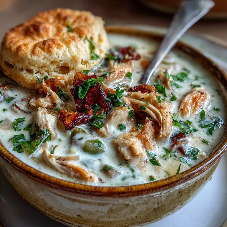 Creamy Slow Cooker Chicken Pot Pie Soup served with a flaky biscuit for dipping.