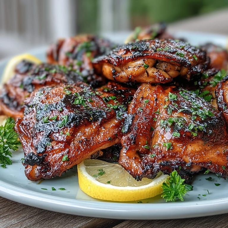 Juicy, bone-in chicken thighs marinated in honey garlic sauce, charred to golden perfection and served with fresh herbs for a flavorful dinner.
