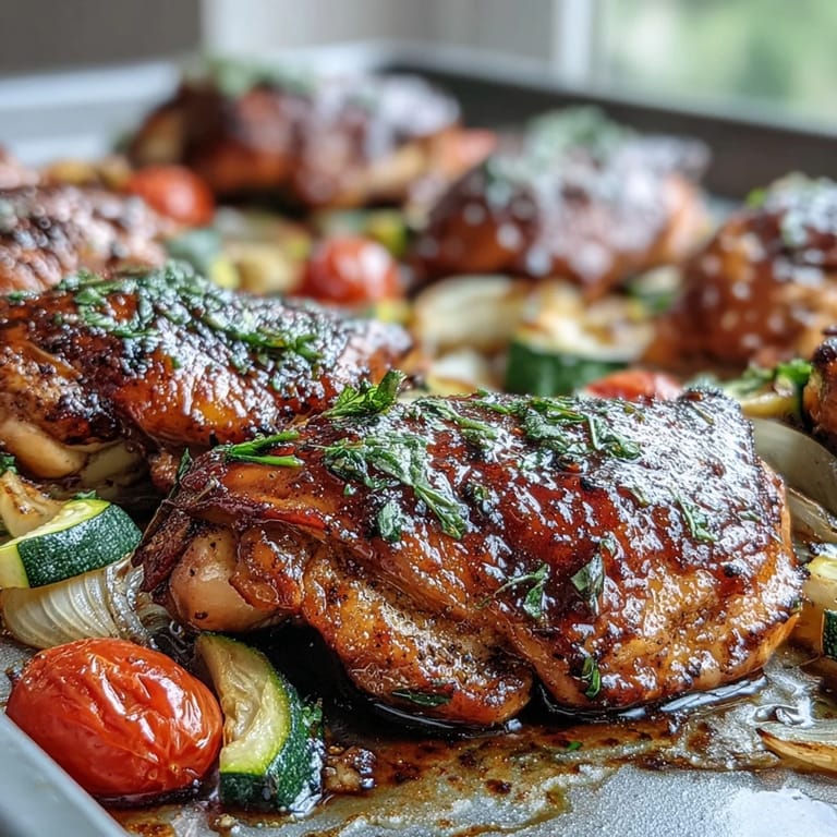 Colorful sheet pan dinner of chicken, zucchini, corn, and tomatoes, bursting with smoky, herby flavors and fresh basil garnish.