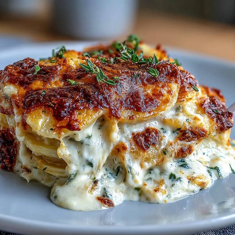 Layers of tender potatoes smothered in Gruyere and Parmesan, baked to perfection for a decadent holiday side dish.  