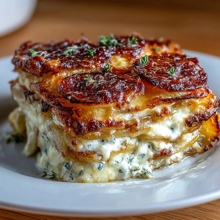Savory scalloped potatoes with Gruyere cheese, featuring velvety cream sauce and a crisp, golden crust straight from the oven.