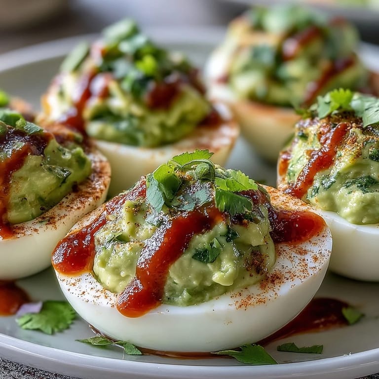 Vibrant green avocado filling replaces mayo in these deviled eggs, finished with a bold Sriracha kick.