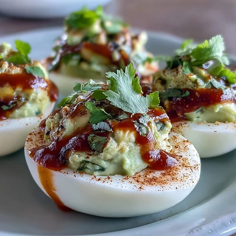Rich, smooth avocado deviled eggs with zesty lime and Dijon, drizzled with fiery Sriracha for extra flavor.