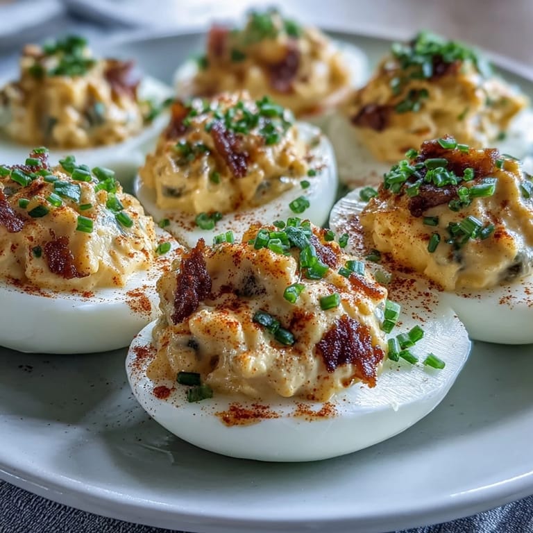 Deviled eggs topped with paprika and fresh chives, a tangy, velvety appetizer perfect for potlucks and holiday parties.  