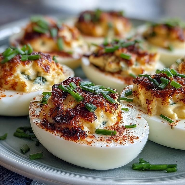 Classic deviled eggs garnished with paprika and chives, featuring smooth, zesty filling in perfectly boiled egg white halves.