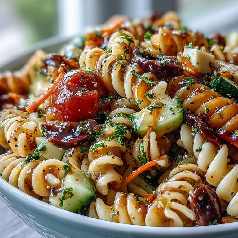 Fresh Memorial Day Pasta Salad, a chilled summer side dish loaded with vegetables.