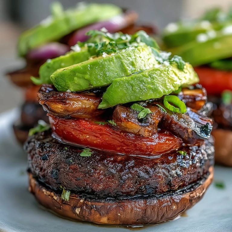 Delicious grilled portobello mushroom burgers served on toasted buns with avocado.