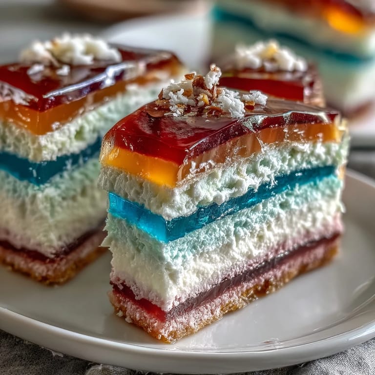 Showcases colorful agar-agar jelly layers topped with smooth coconut cream, a visually stunning treat.