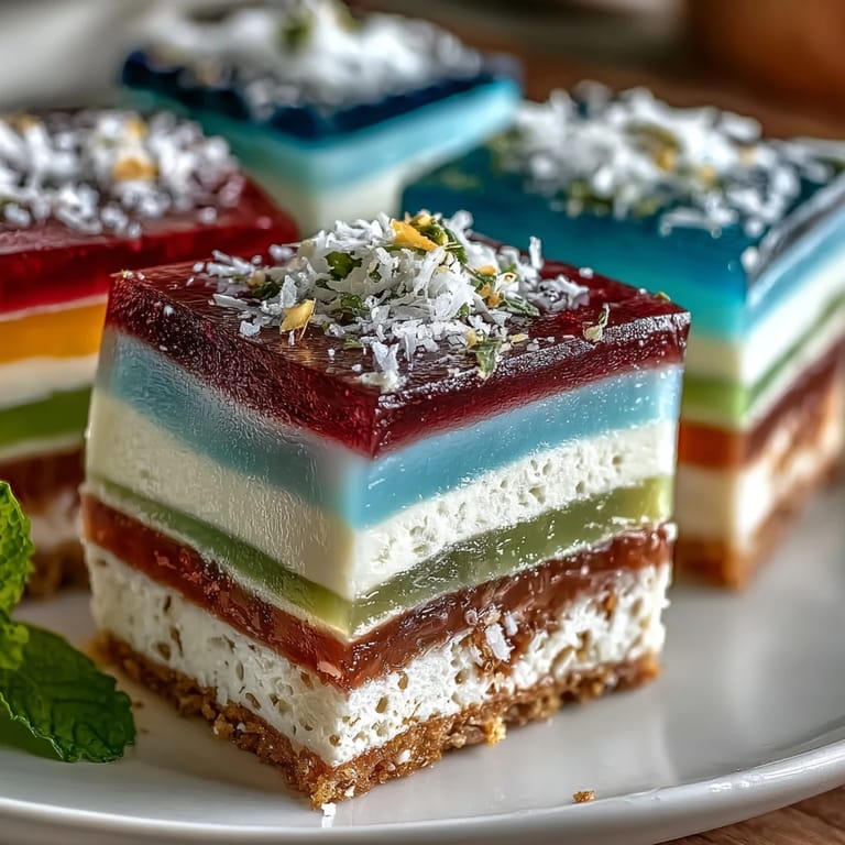A slice of homemade agar-agar rainbow jelly cake, showcasing bright fruit flavors and creamy coconut.