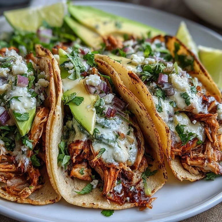 Tender, shredded chicken tacos slow cooked in spicy salsa verde, ready to serve.
