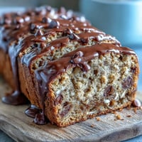 A slice of warm Chocolate Chip Peanut Butter Oatmeal Banana Bread, showcasing moist crumb and melted chocolate chips on a rustic wooden board.