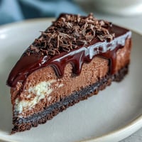 A slice of lighter chocolate cottage cheese cheesecake with a rich, fudgy texture and dark chocolate shavings on top.  