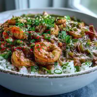 Steaming Classic New Orleans Étouffée with shrimp and rich dark roux served over fluffy white rice.