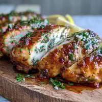 Perfectly baked Oven Baked Chicken Breast fresh from the oven, garnished with fresh parsley and lemon slices. 