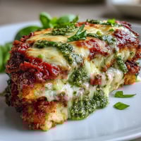 Golden brown breaded chicken breasts, topped with fresh basil pesto, marinara sauce, and melted mozzarella cheese.