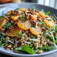 A vibrant farro salad bowl with fennel, oranges, and toasted almonds, drizzled with a zesty citrus vinaigrette.  