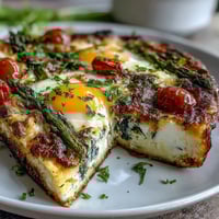 A golden spring veggie frittata with tender asparagus, creamy goat cheese, and fresh herbs, ready for a sunny brunch table.
