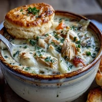 Slow Cooker Chicken Pot Pie Soup in a creamy, hearty bowl with tender chicken and vegetables.