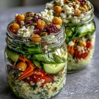 Layered mason jar salads with quinoa, chickpeas, and fresh vegetables for healthy summer meal prep.  