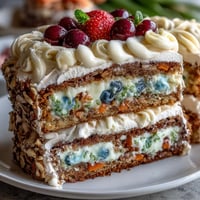 Elegant Easter dessert table featuring carrot cake with cream cheese frosting, pavlova with fresh berries, and lemon tart.