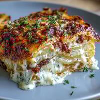 Creamy scalloped potatoes with Gruyere, baked until golden and bubbling with a rich garlic cream sauce.  