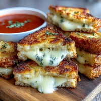 Golden mini grilled cheese dippers alongside steaming tomato soup bowls.