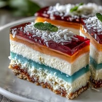 Vibrant agar-agar rainbow jelly cake with creamy coconut, perfect for a festive dessert.